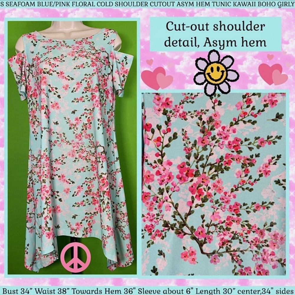 S SEAFOAM BLUE/PINK FLORAL TUNIC COLD SHOULDER CUTOUT ASYM HEM BOHO